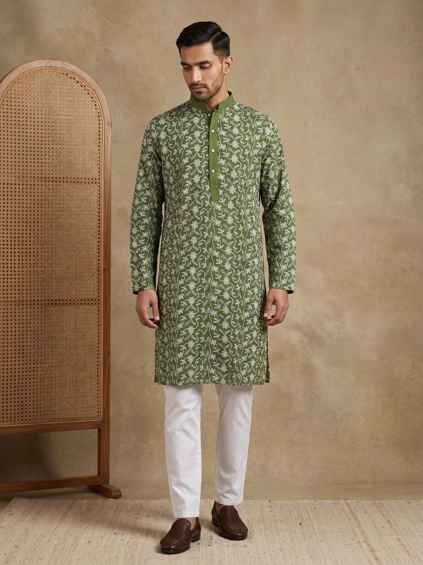 Floral Embroidered Viscose Rayon Kurta Set ( 65KP P 5533Olive )