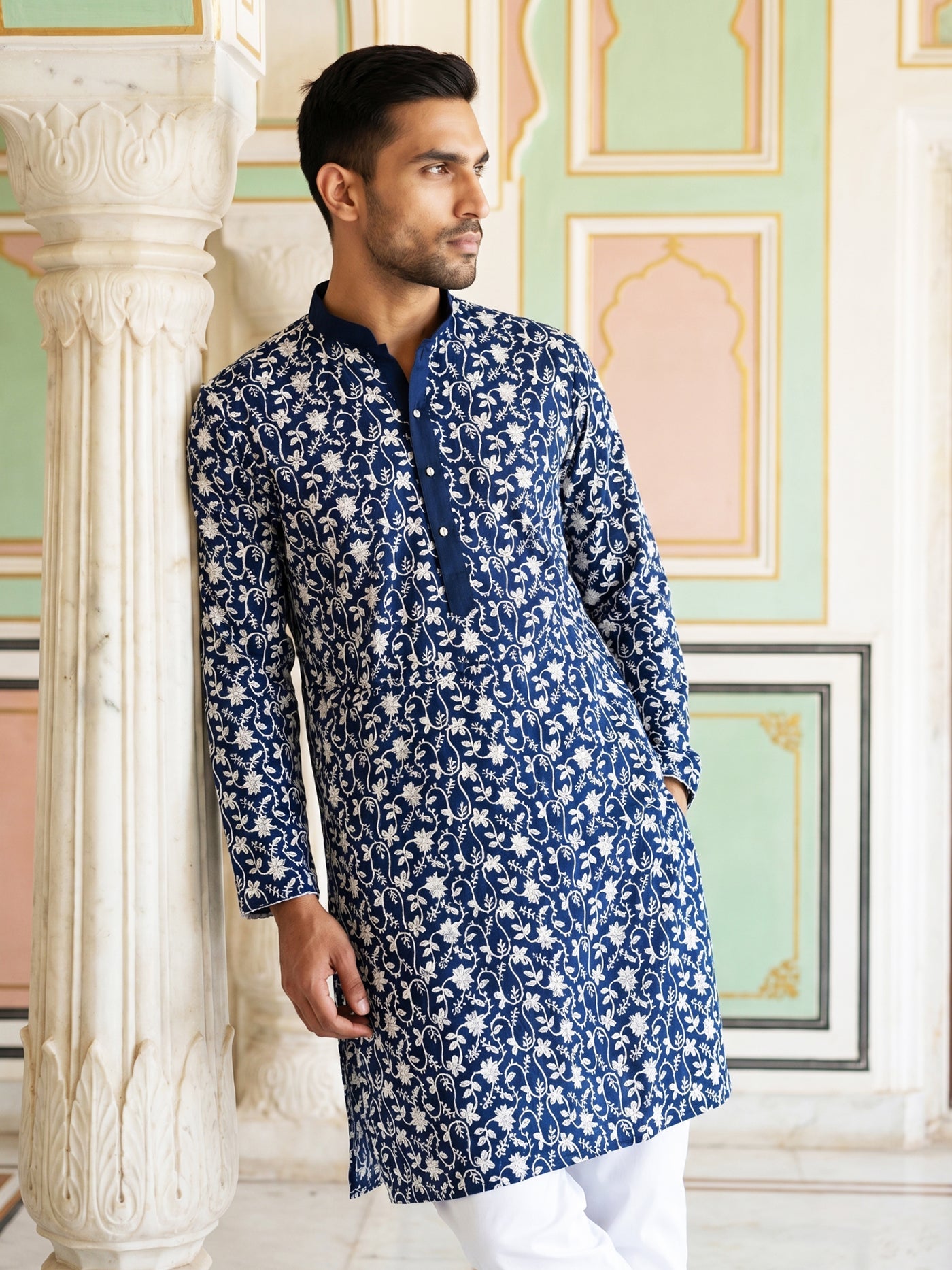Floral Embroidered Viscose Rayon Kurta Set ( 65KP P 5533Peacock )