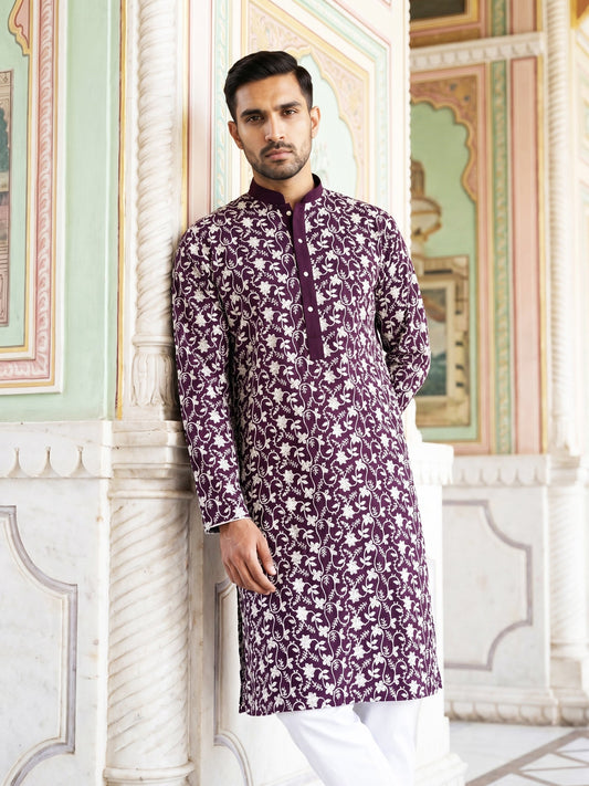 Floral Embroidered Viscose Rayon Kurta Set ( 65KP P 5533Purple )
