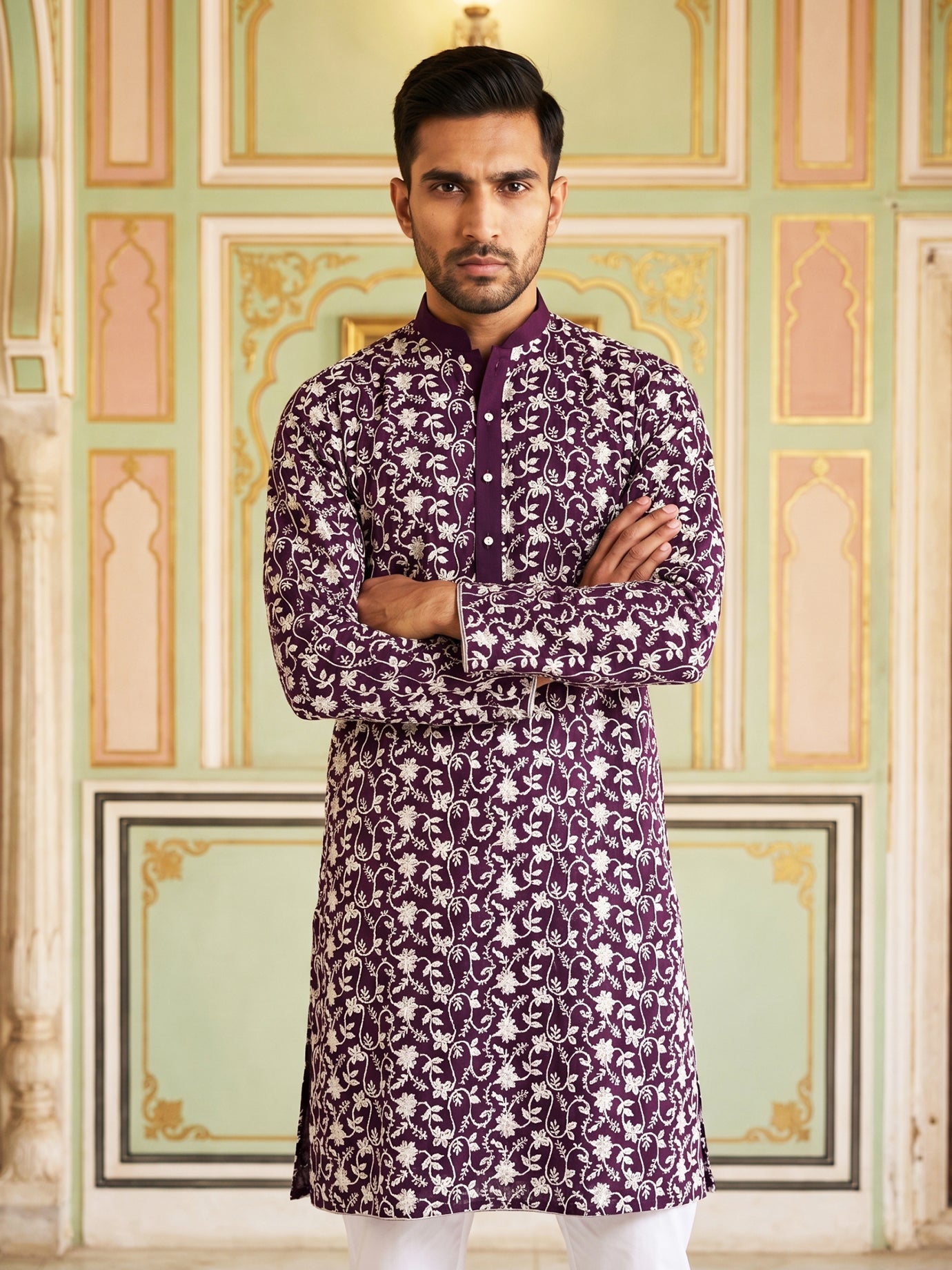 Floral Embroidered Viscose Rayon Kurta Set ( 65KP P 5533Purple )