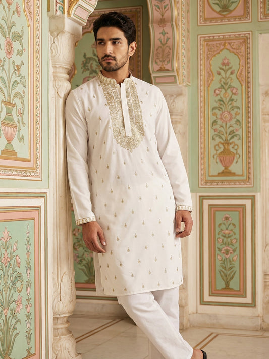 Men’s Cotton Blend Embroidered Kurta Set ( 65KP P 5537White )