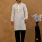 Men’s Cotton Blend Embroidered Kurta with Korean Pants ( 65KP PJ11B C 5537 White )