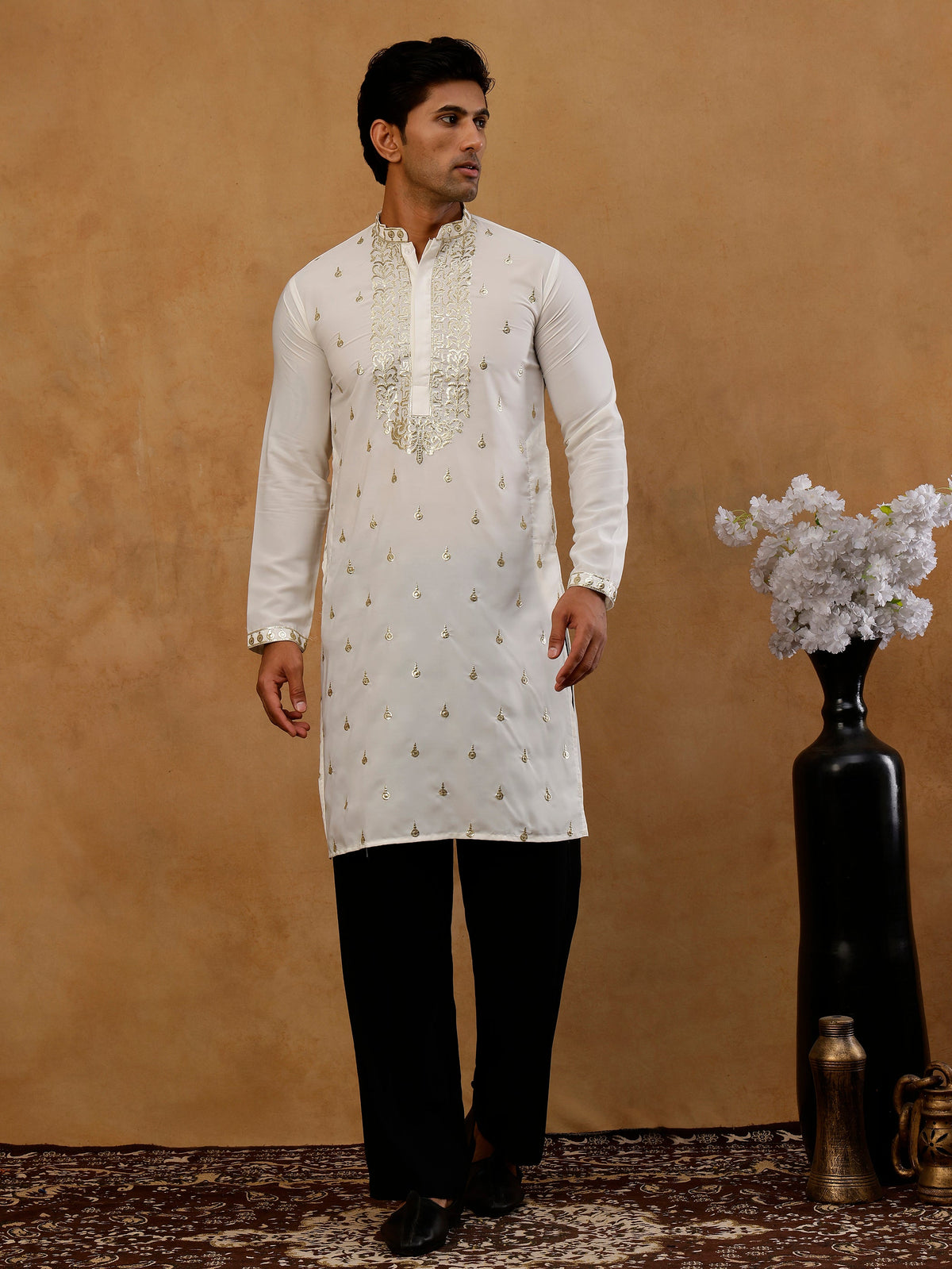 Men’s Cotton Blend Embroidered Kurta with Korean Pants ( 65KP PJ11B C 5537 White )