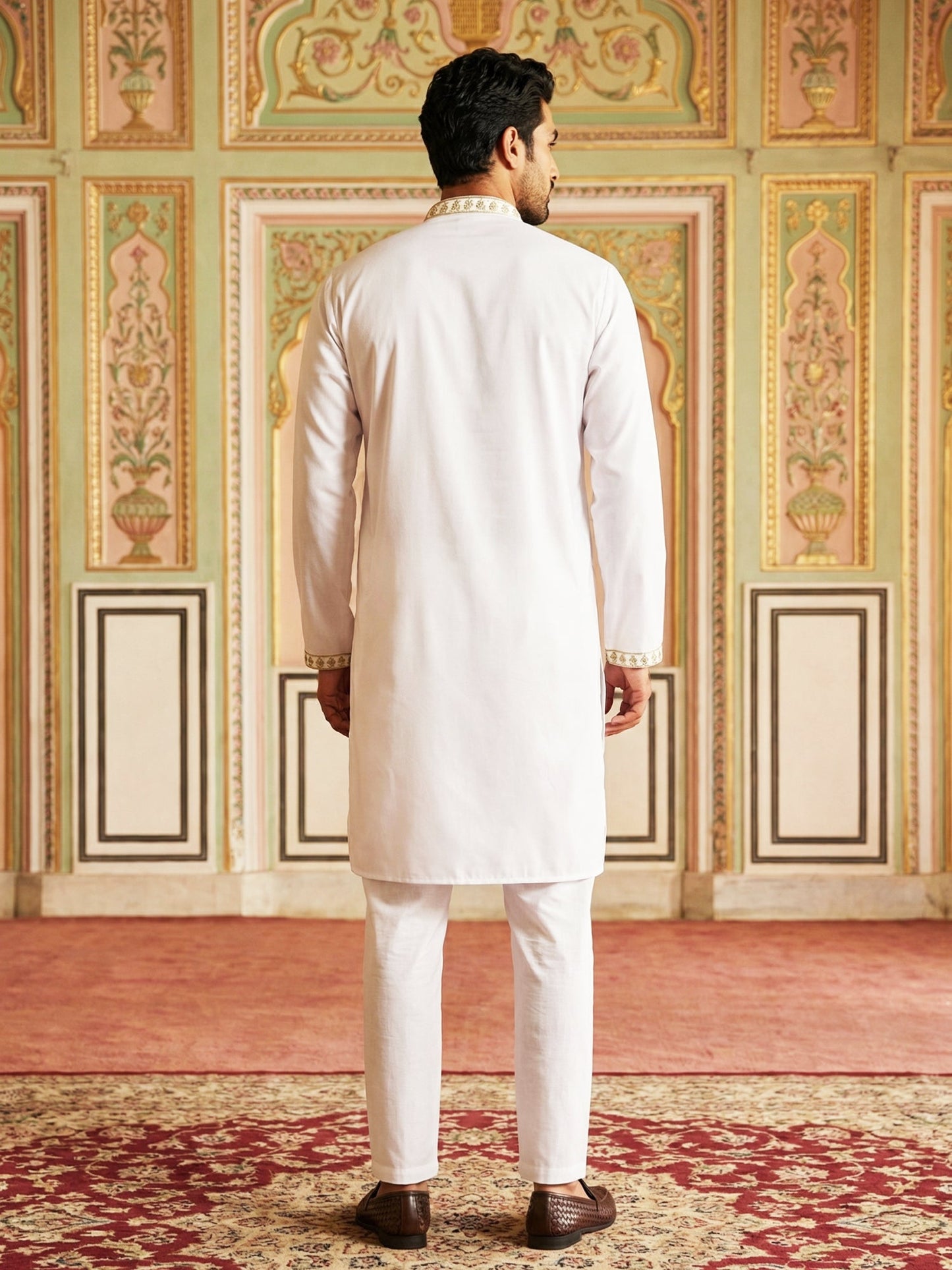 Men’s Cotton Blend Embroidered Kurta Set ( 65KP P 5537White )