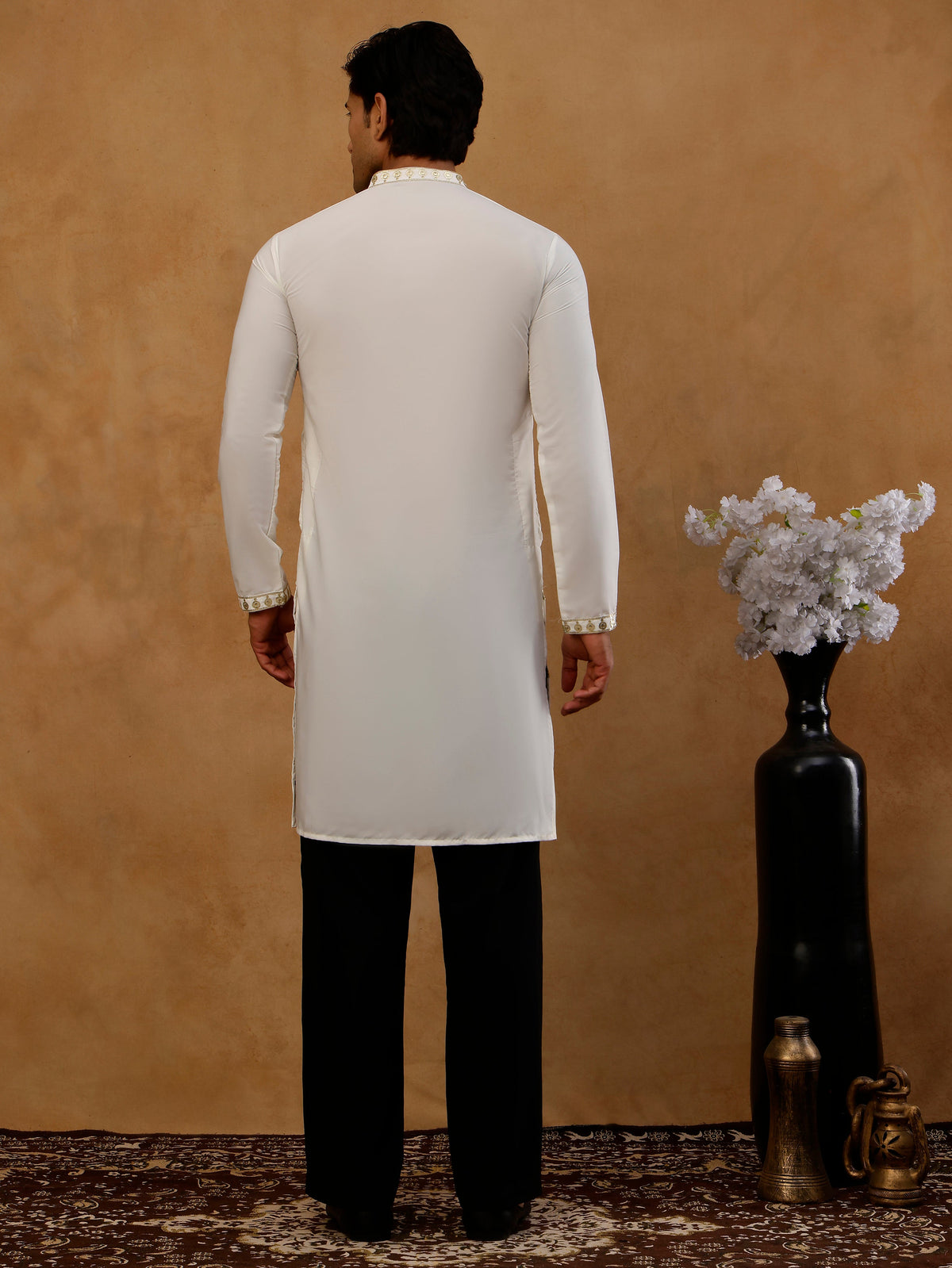 Men’s Cotton Blend Embroidered Kurta with Korean Pants ( 65KP PJ11B C 5537 White )