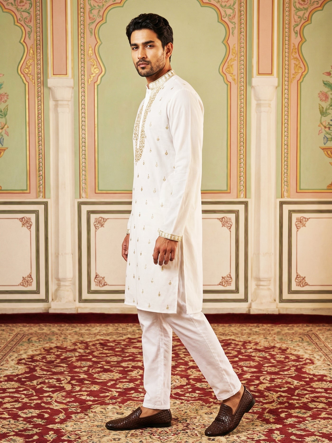 Men’s Cotton Blend Embroidered Kurta Set ( 65KP P 5537White )
