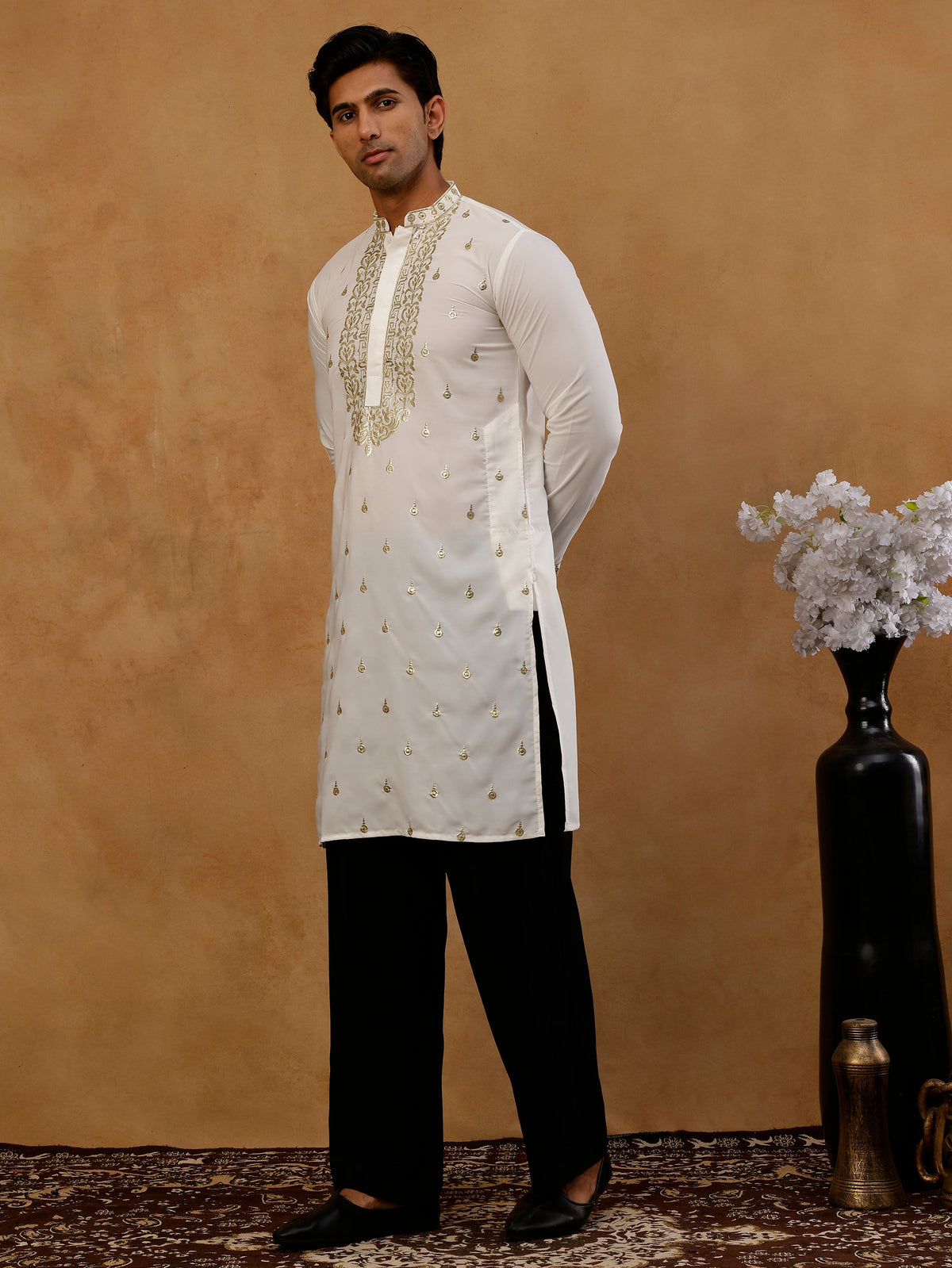 Men’s Cotton Blend Embroidered Kurta with Korean Pants ( 65KP PJ11B C 5537 White )