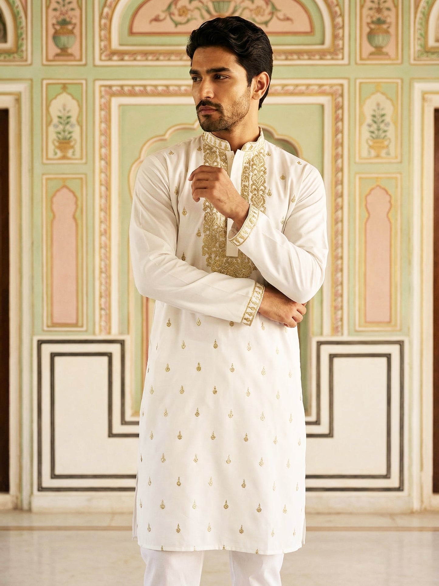 Men’s Cotton Blend Embroidered Kurta Set ( 65KP P 5537White )
