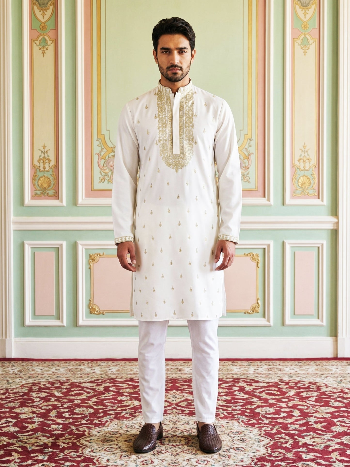 Men’s Cotton Blend Embroidered Kurta Set ( 65KP P 5537White )