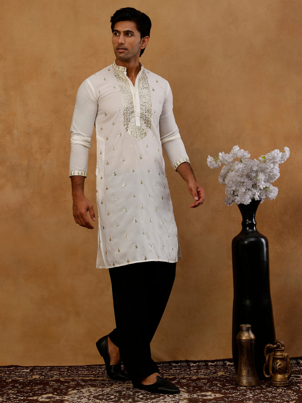 Men’s Cotton Blend Embroidered Kurta with Korean Pants ( 65KP PJ11B C 5537 White )