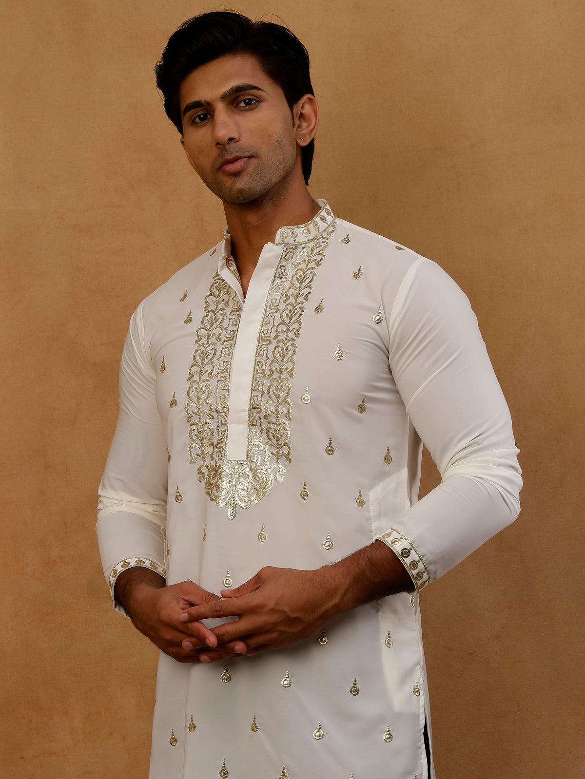 Men’s Cotton Blend Embroidered Kurta with Korean Pants ( 65KP PJ11B C 5537 White )