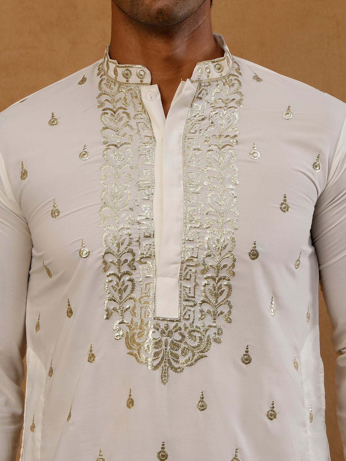 Men’s Cotton Blend Embroidered Kurta with Korean Pants ( 65KP PJ11B C 5537 White )