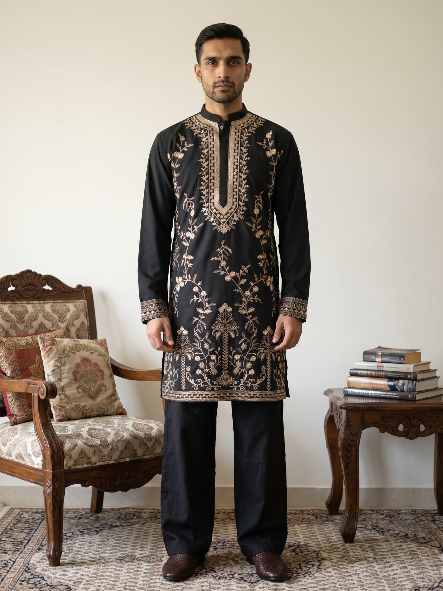 Men’s Japanese Fabric Embroidered Kurta with Korean Pants