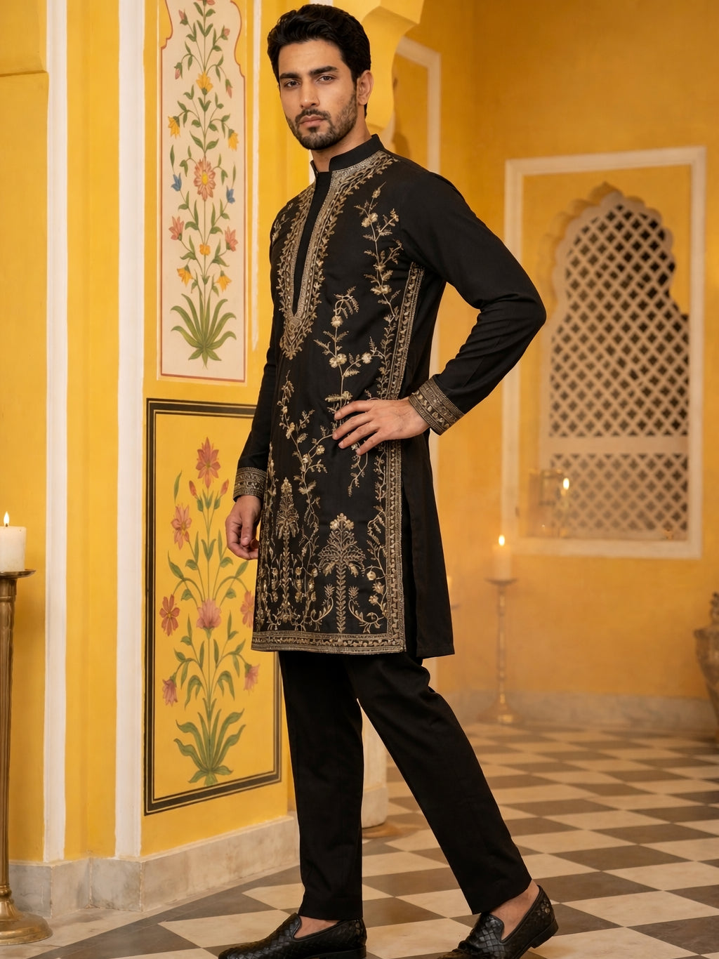 Men’s Imported Japanese Embroidered Kurta Pyjama Set ( 65KP B-P 5538Black )