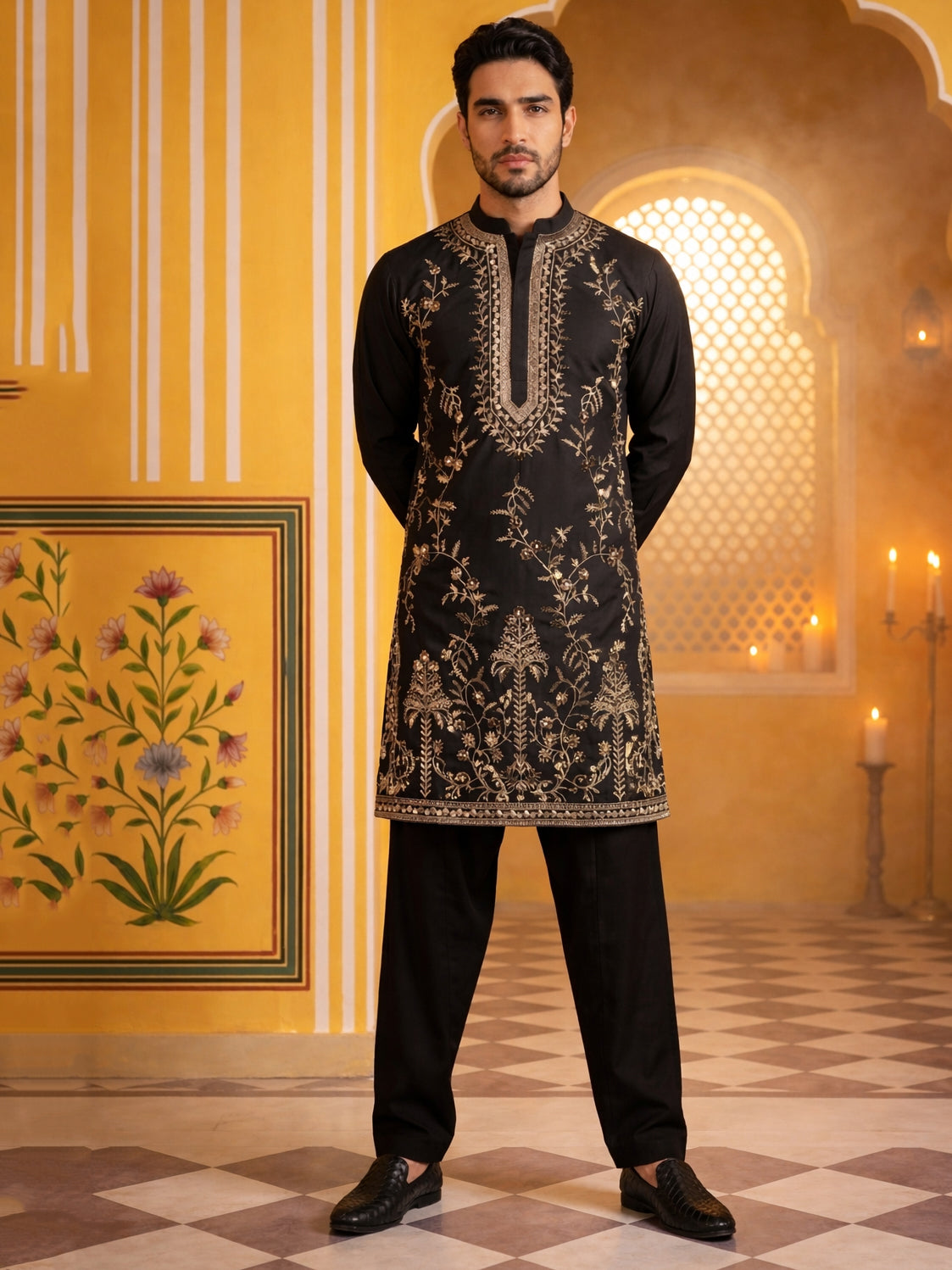 Men’s Imported Japanese Embroidered Kurta Pyjama Set ( 65KP B-P 5538Black )