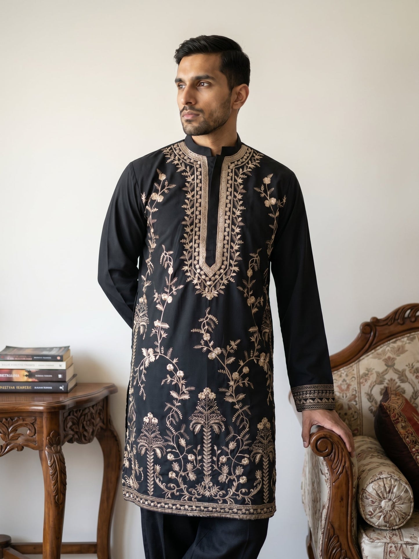 Men’s Japanese Fabric Embroidered Kurta with Korean Pants