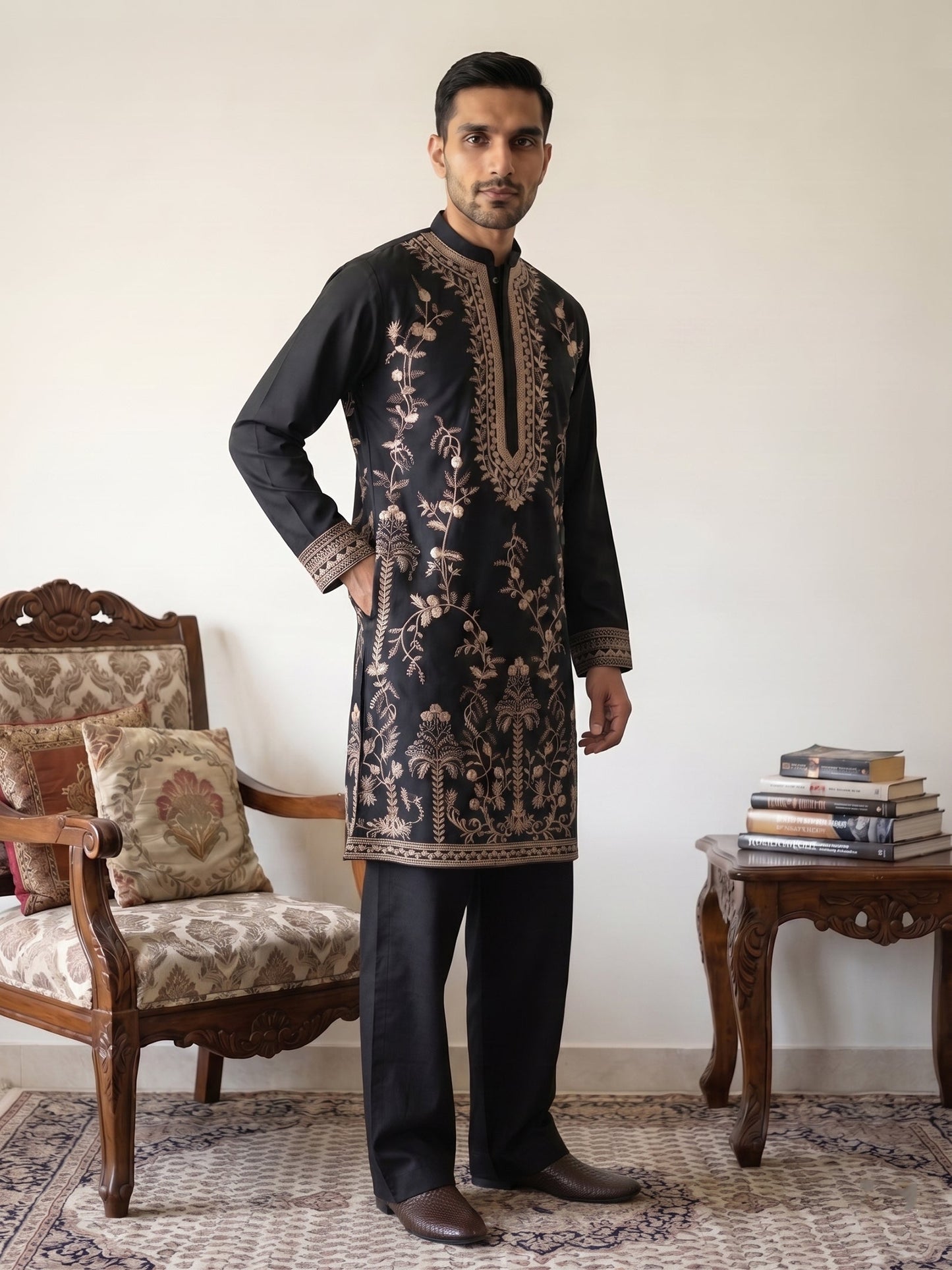 Men’s Japanese Fabric Embroidered Kurta with Korean Pants