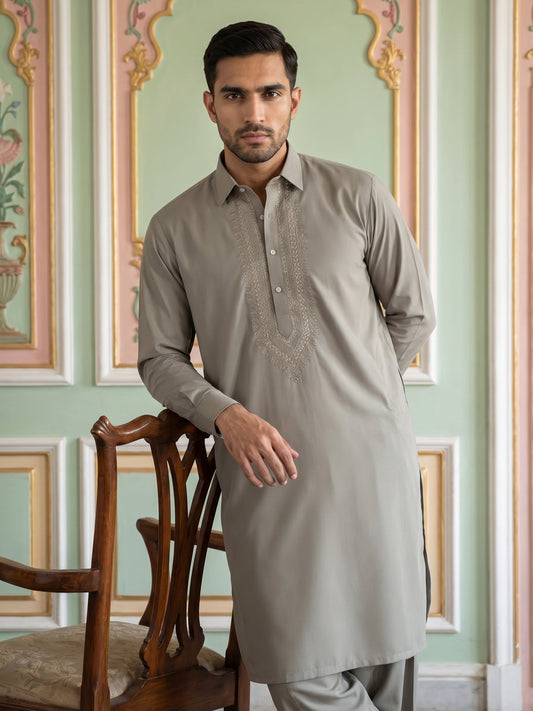 Premium Japanese Embroidery Pathani Kurta Set ( 65KP 5539Beige )