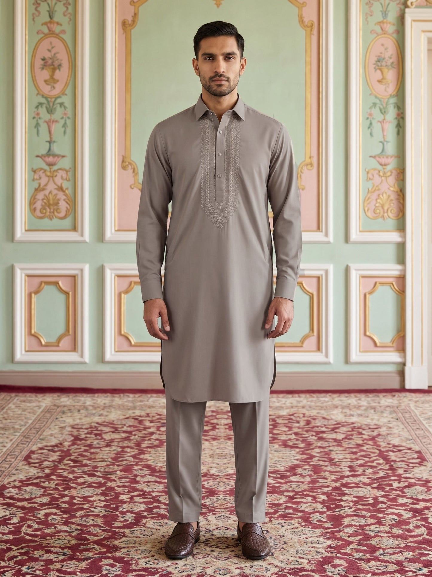 Premium Japanese Embroidery Pathani Kurta Set ( 65KP 5539Beige )
