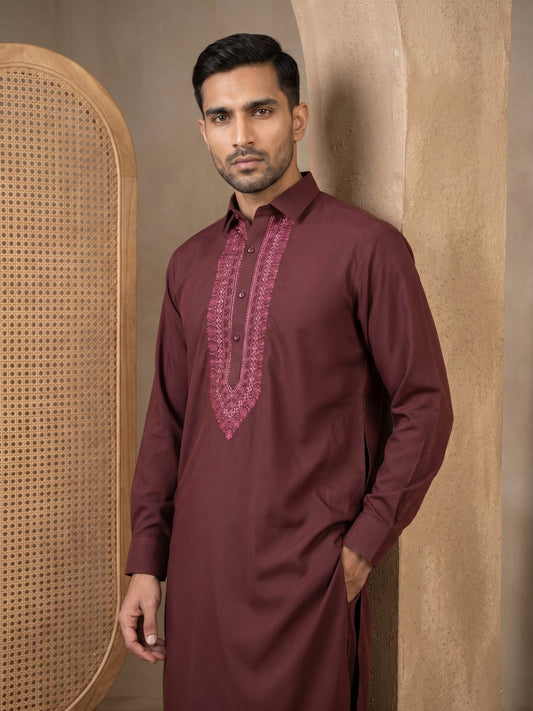 Premium Japanese Embroidery Pathani Kurta Set ( 65KP 5539Maroon )