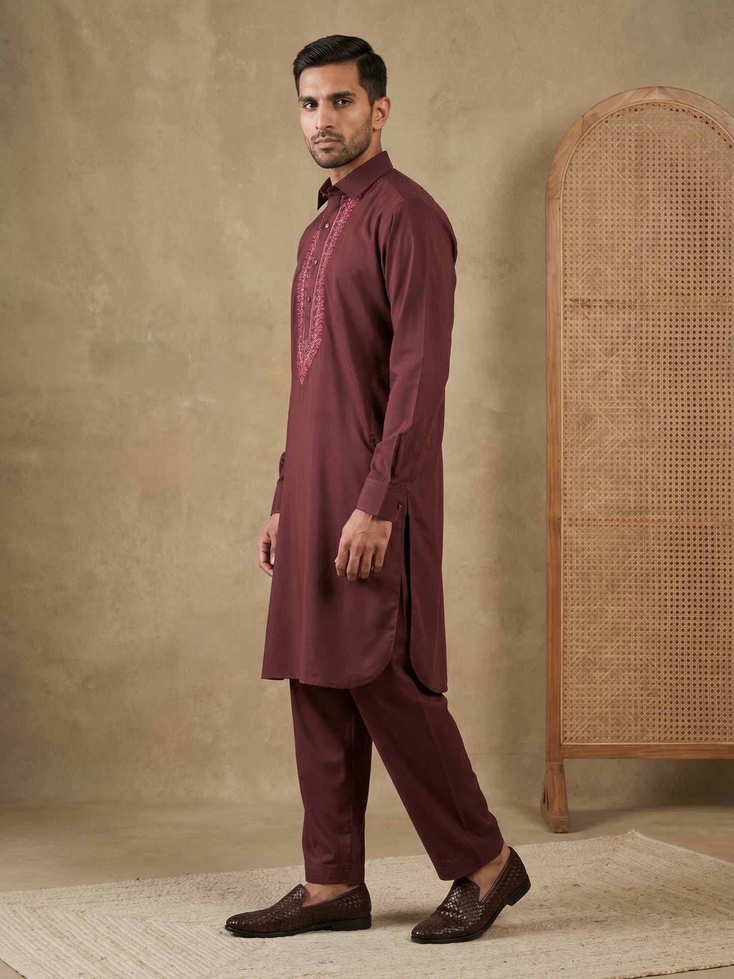 Premium Japanese Embroidery Pathani Kurta Set ( 65KP 5539Maroon )