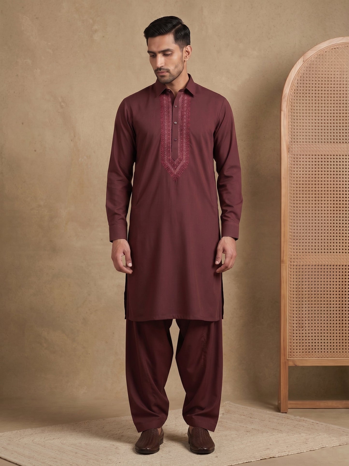 Premium Japanese Embroidery Pathani Kurta Set ( 65KP 5539Maroon )