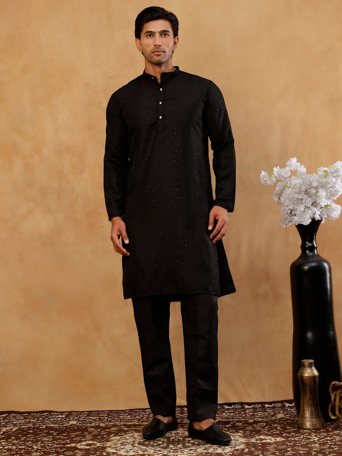 Men’s Silk Blend Thread Work Kurta Set ( 65KP B S 5543 Black )