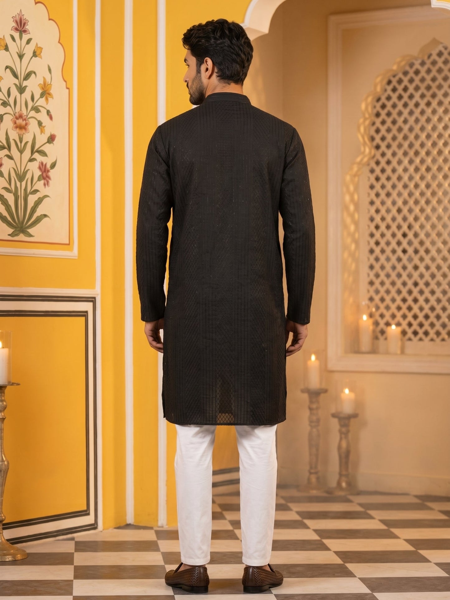 Men’s Silk Blend Thread Work Kurta Set ( 65KP 5543Black )