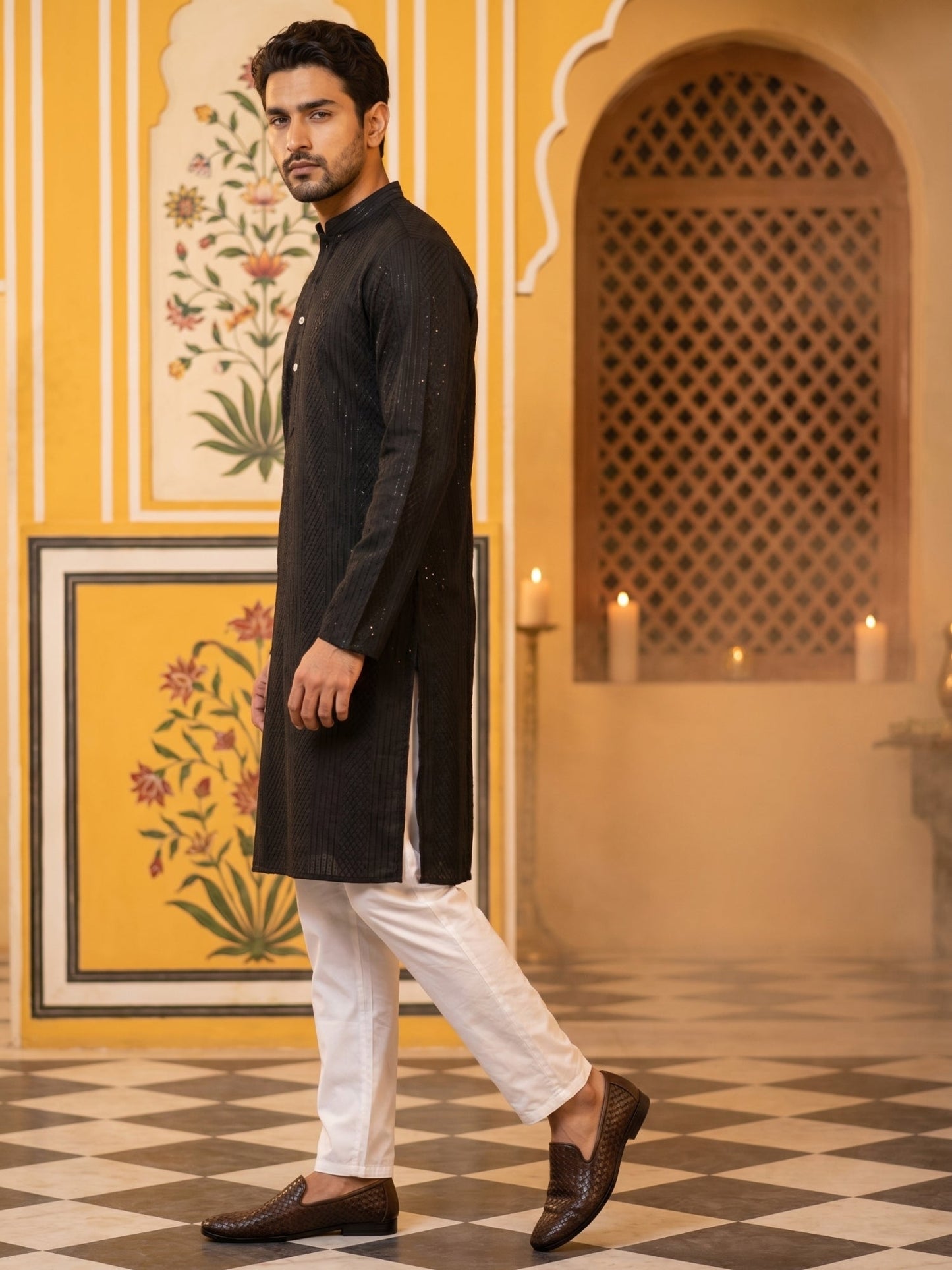 Men’s Silk Blend Thread Work Kurta Set ( 65KP 5543Black )