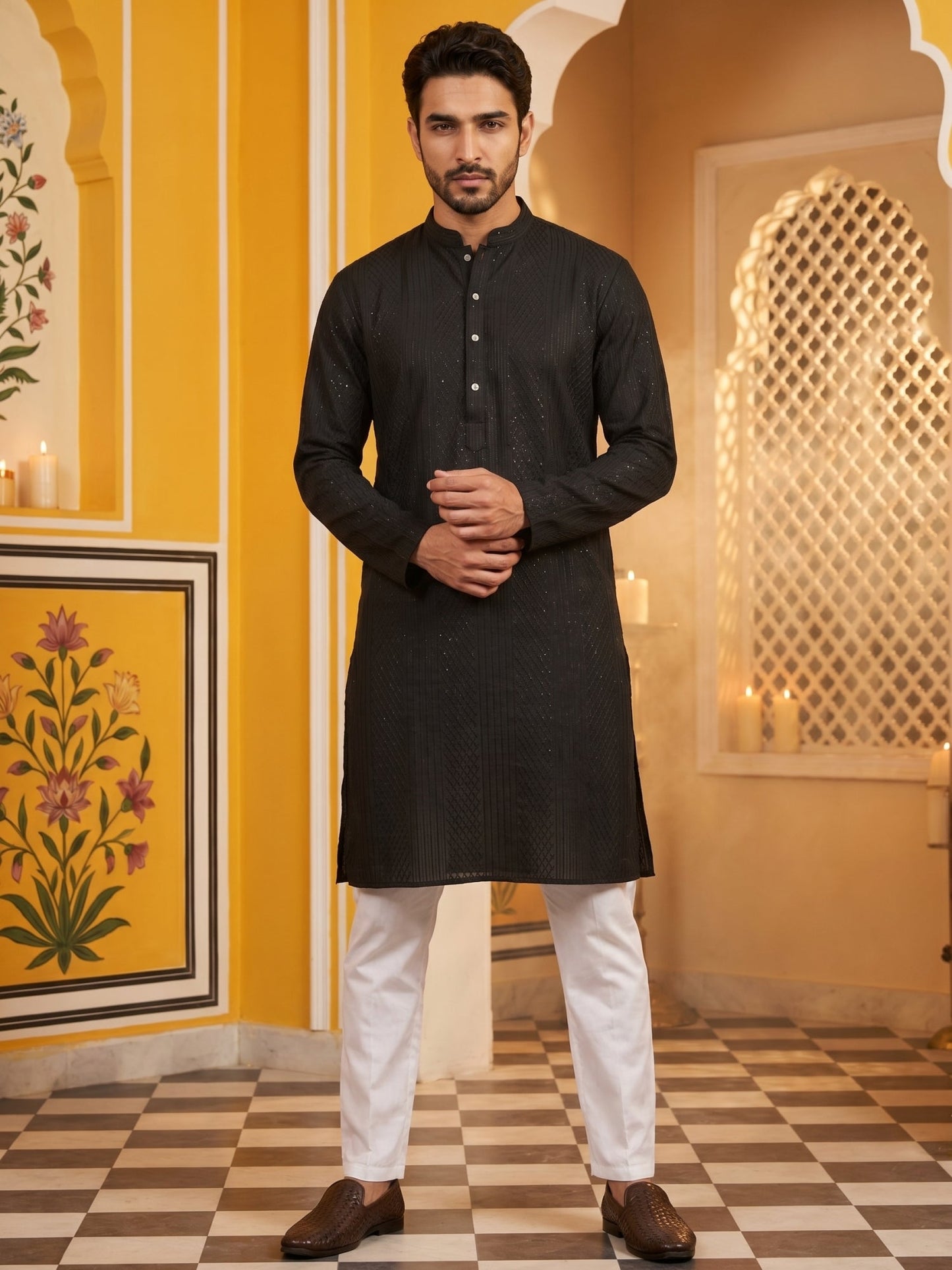 Men’s Silk Blend Thread Work Kurta Set ( 65KP 5543Black )