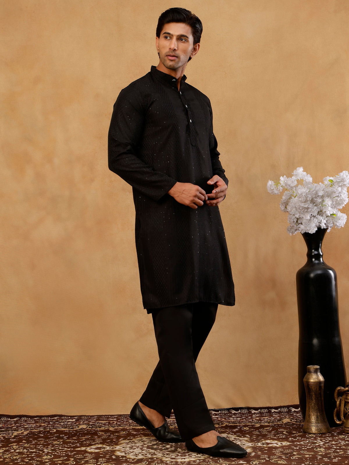 Men’s Silk Blend Thread Work Kurta Set ( 65KP B S 5543 Black )