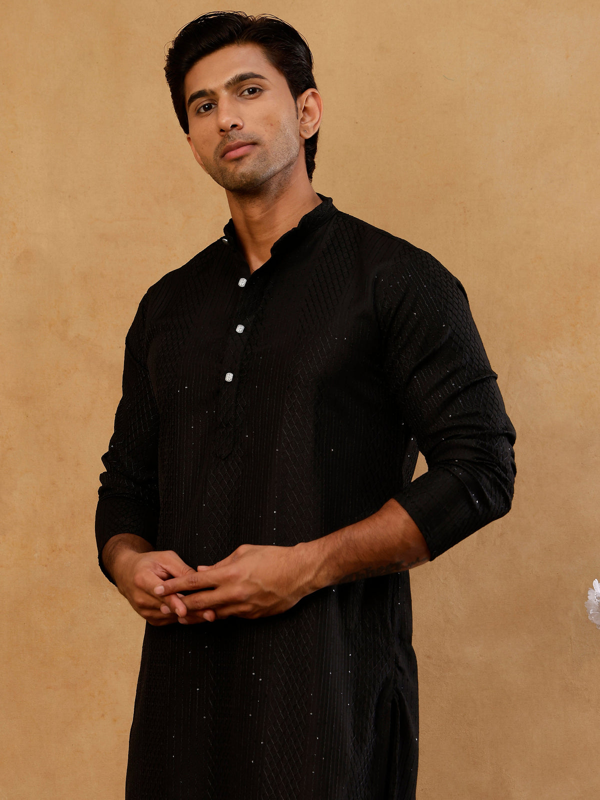 Men’s Silk Blend Thread Work Kurta Set ( 65KP B S 5543 Black )