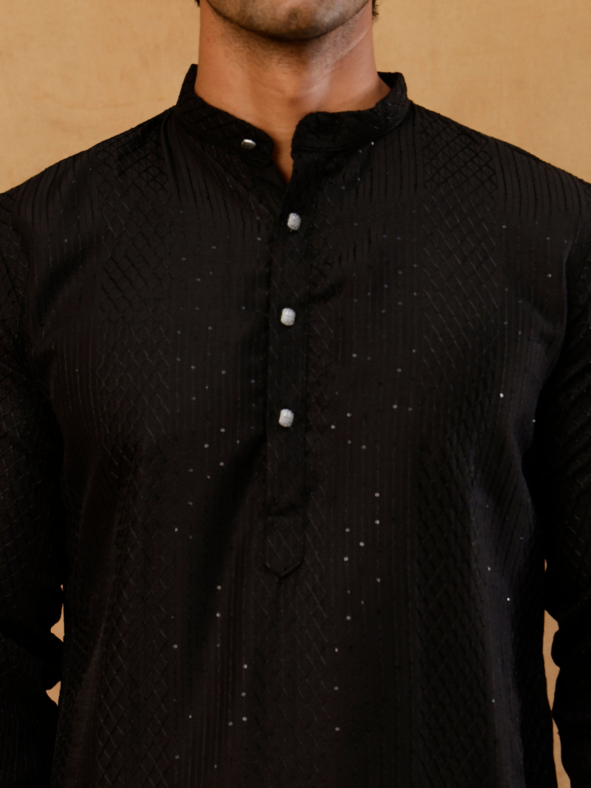 Men’s Silk Blend Thread Work Kurta Set ( 65KP B S 5543 Black )