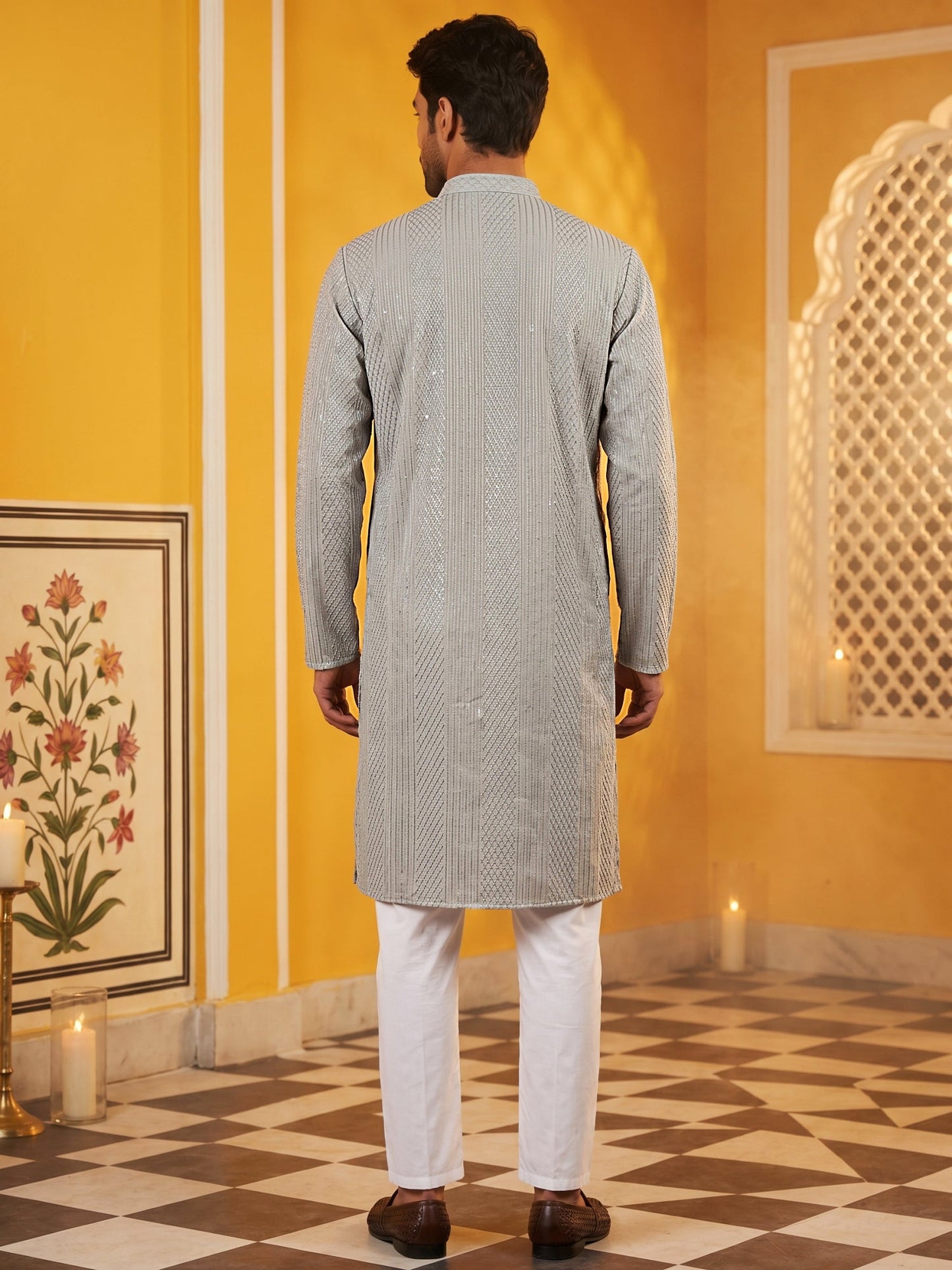 Men’s Silk Blend Thread Work Kurta Set ( 65KP 5543Grey )