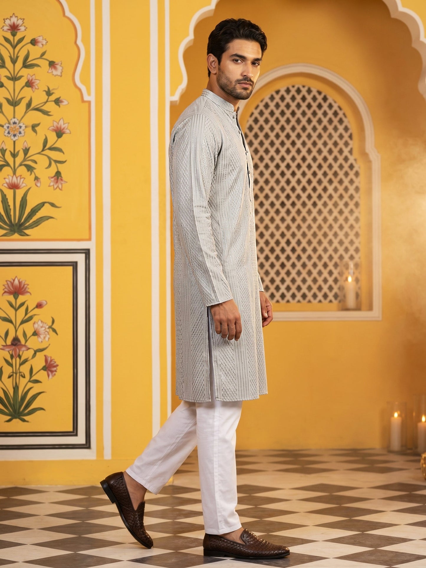 Men’s Silk Blend Thread Work Kurta Set ( 65KP 5543Grey )