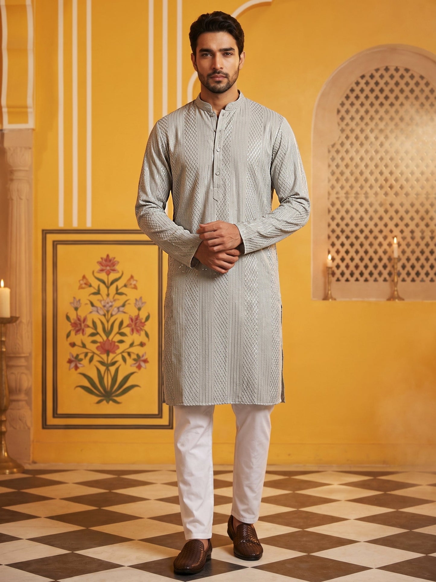 Men’s Silk Blend Thread Work Kurta Set ( 65KP 5543Grey )
