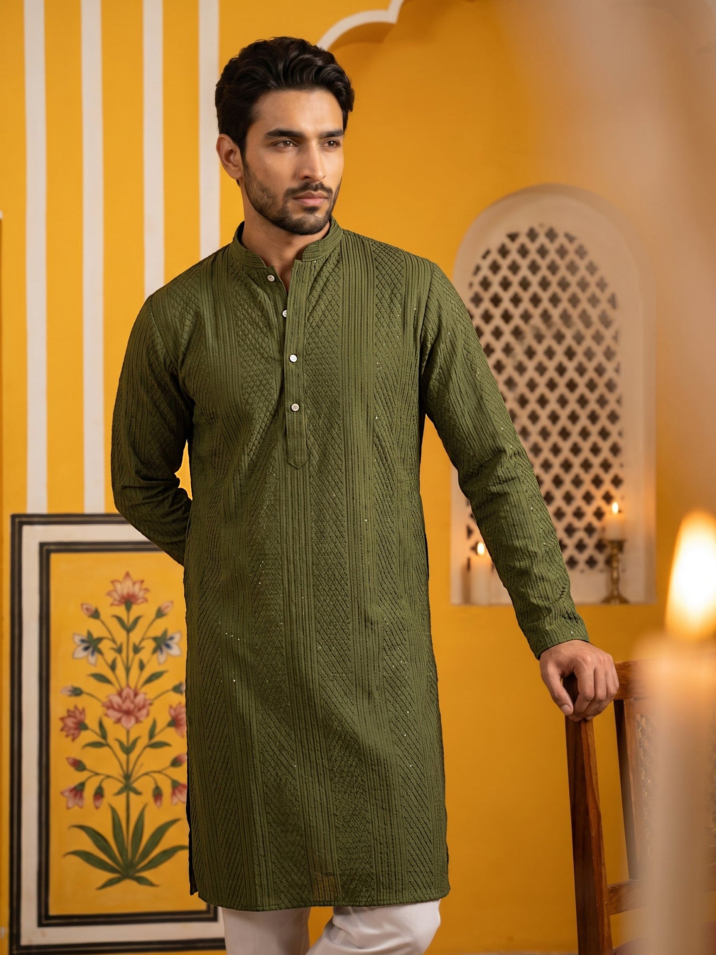 Men’s Silk Blend Thread Work Kurta Set ( 65KP 5543Olive )