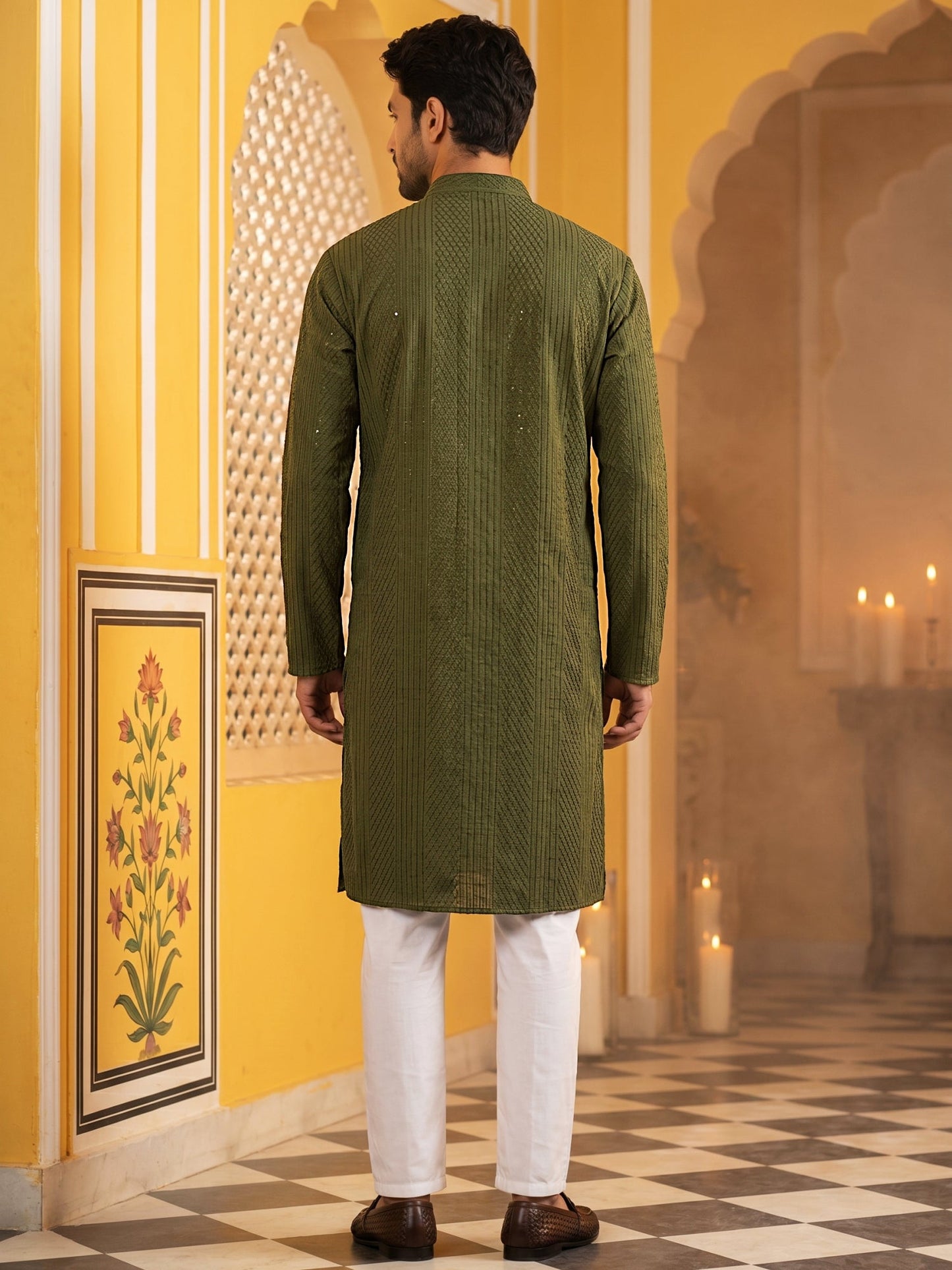 Men’s Silk Blend Thread Work Kurta Set ( 65KP 5543Olive )