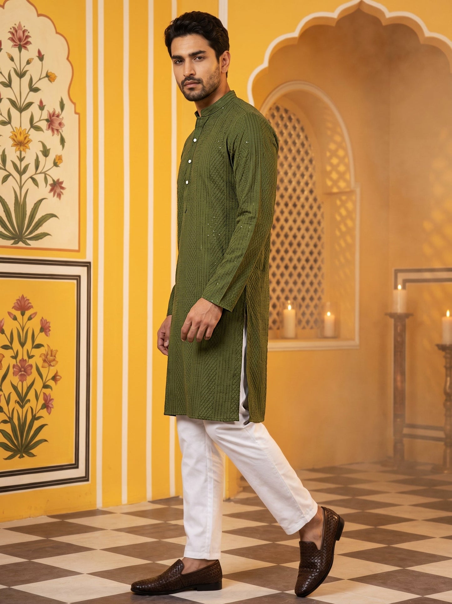 Men’s Silk Blend Thread Work Kurta Set ( 65KP 5543Olive )