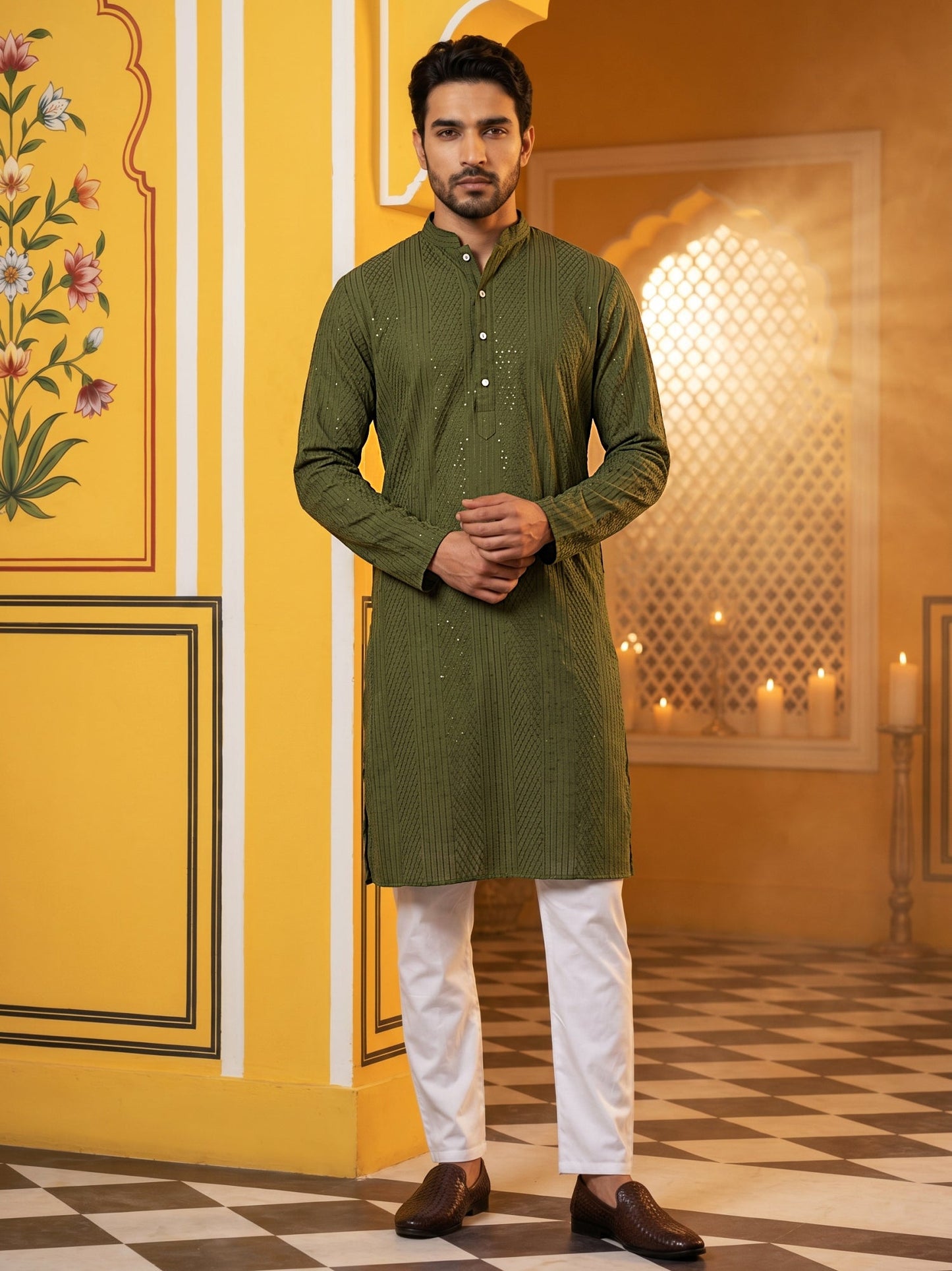 Men’s Silk Blend Thread Work Kurta Set ( 65KP 5543Olive )
