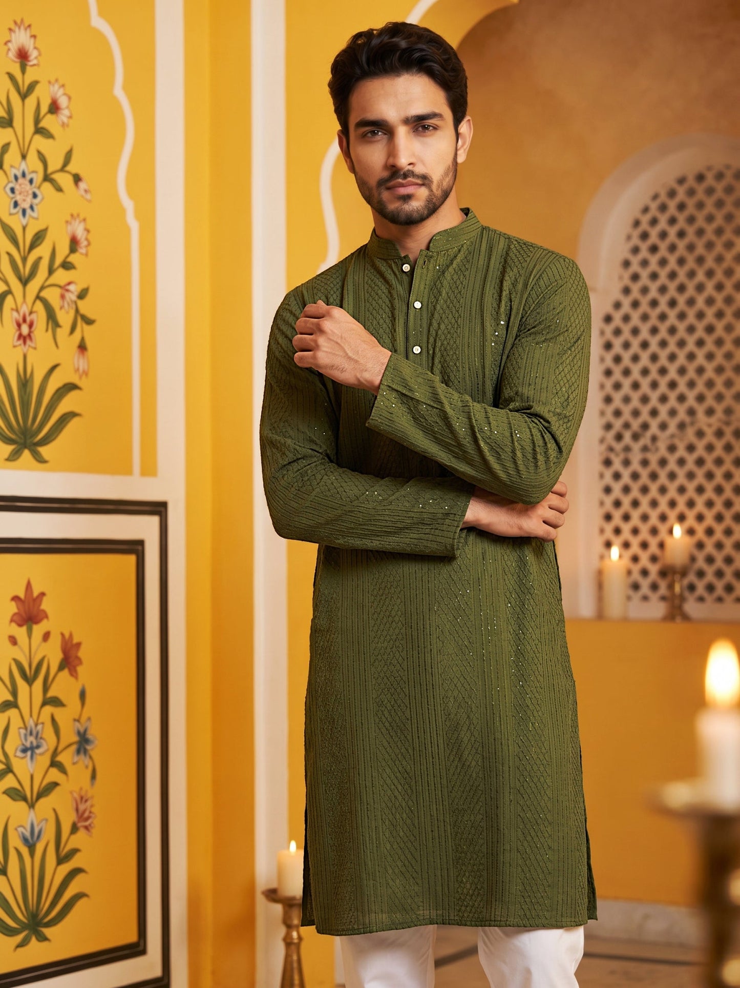 Men’s Silk Blend Thread Work Kurta Set ( 65KP 5543Olive )