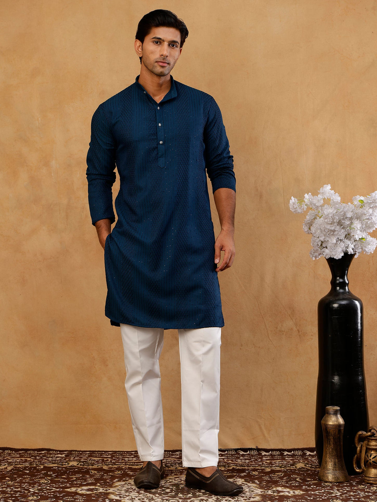 Men’s Silk Blend Thread Work Kurta Set ( 65KP W S 5543 Peacock )