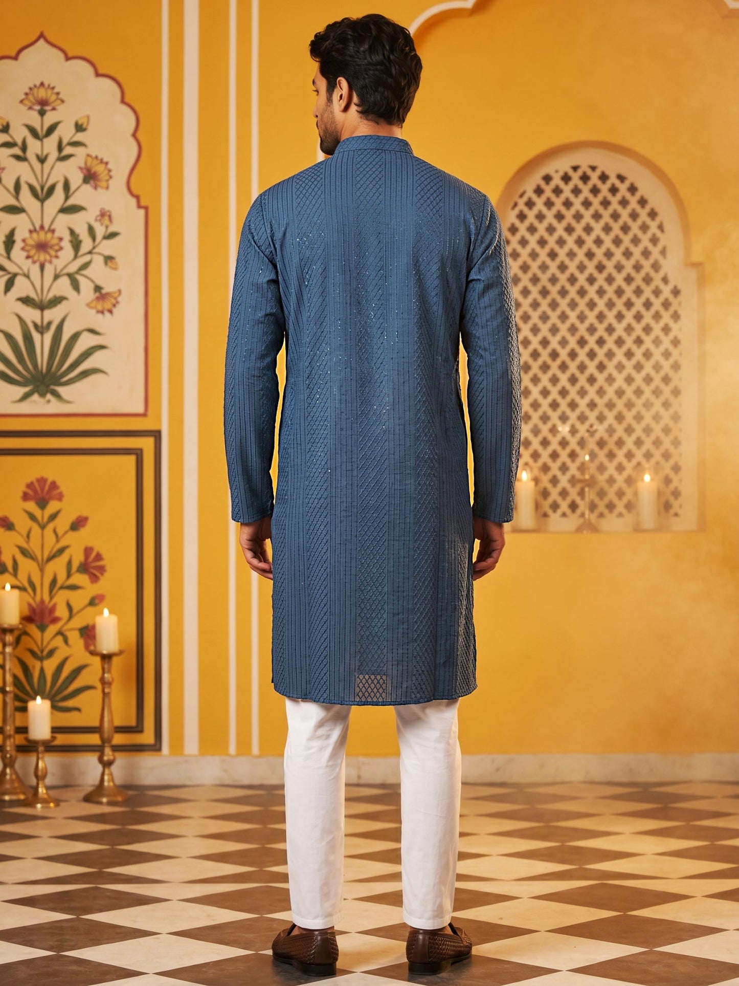 Men’s Silk Blend Thread Work Kurta Set ( 65KP 5543Peacock )