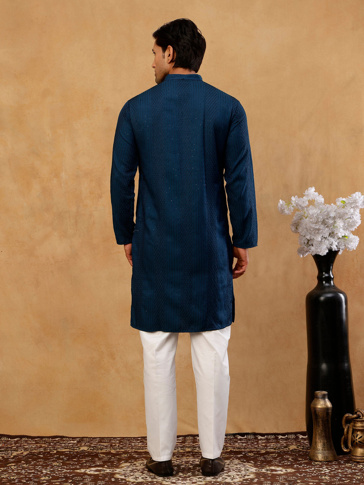 Men’s Silk Blend Thread Work Kurta Set ( 65KP W S 5543 Peacock )