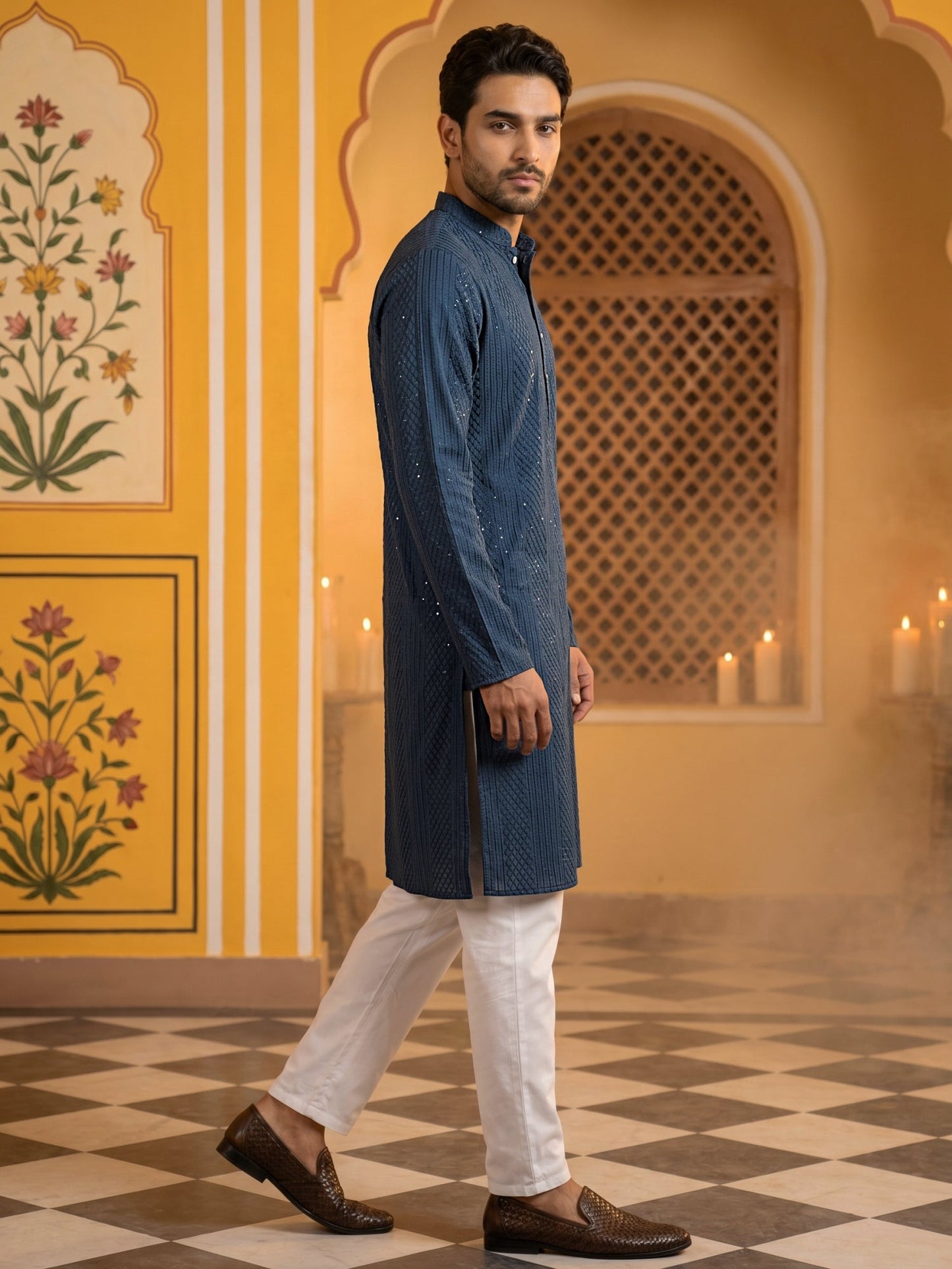 Men’s Silk Blend Thread Work Kurta Set ( 65KP 5543Peacock )