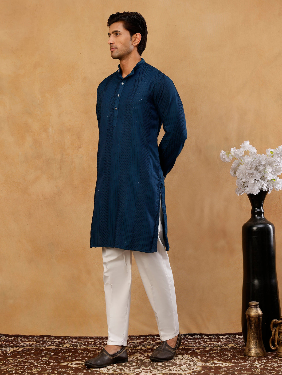 Men’s Silk Blend Thread Work Kurta Set ( 65KP W S 5543 Peacock )