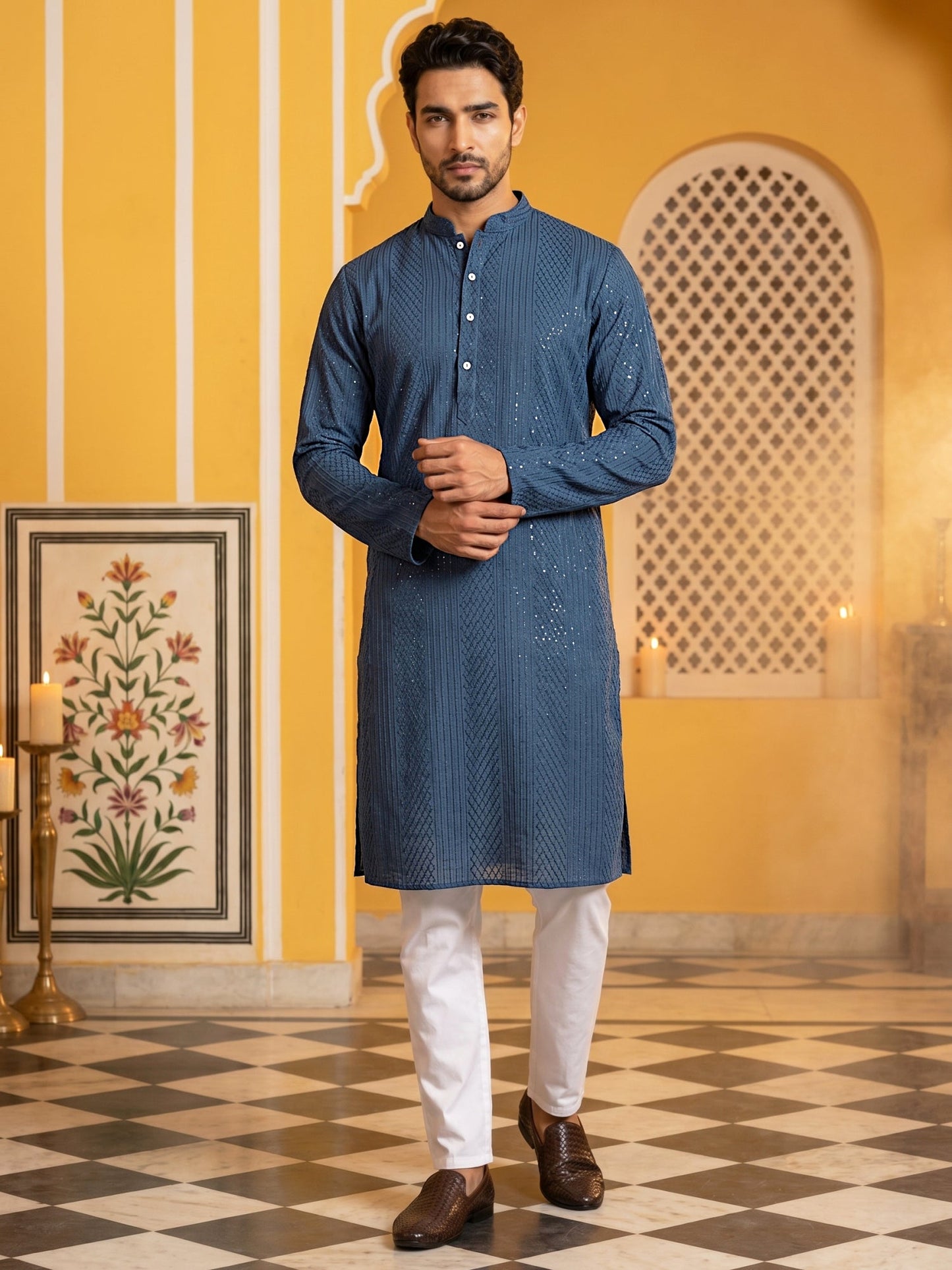 Men’s Silk Blend Thread Work Kurta Set ( 65KP 5543Peacock )