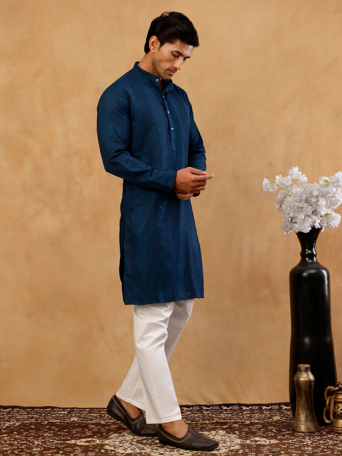 Men’s Silk Blend Thread Work Kurta Set ( 65KP W S 5543 Peacock )