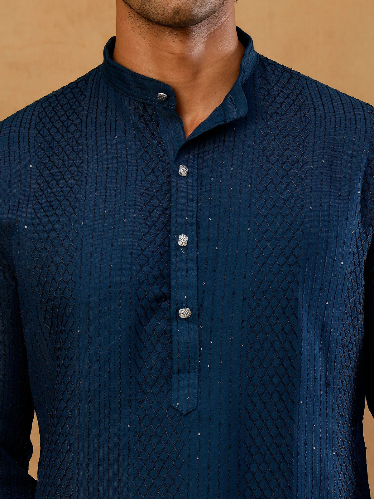 Men’s Silk Blend Thread Work Kurta Set ( 65KP W S 5543 Peacock )