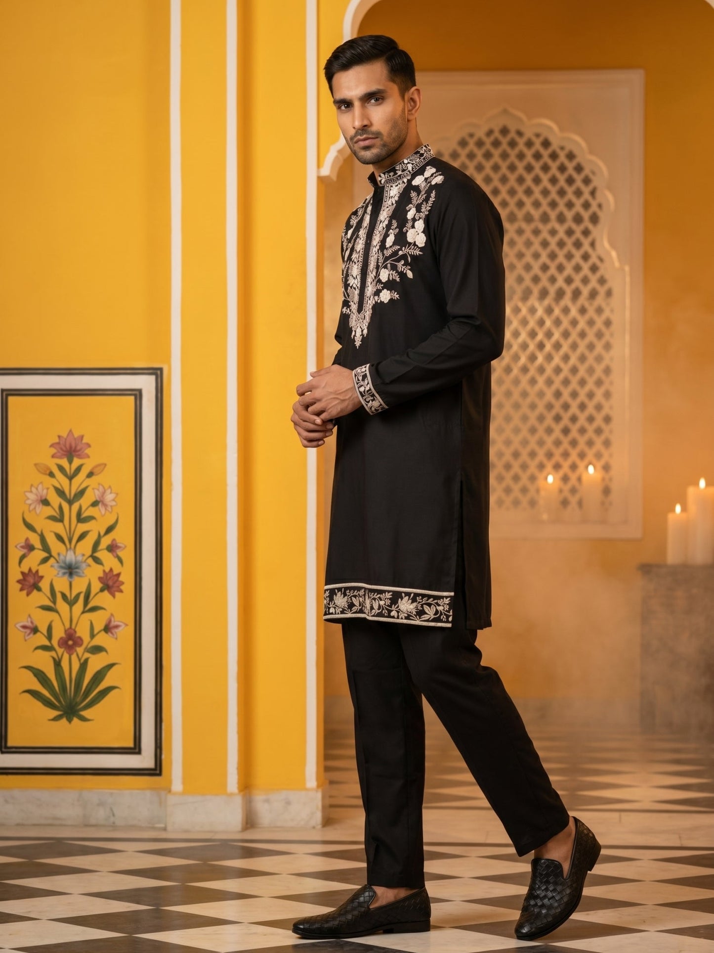 Premium Imported Japanese Embroidered Kurta Set ( 65KP 5544Black )